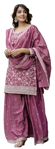 TRENDMALLS Dam konst siden paljetter broderi Salwar kostym set Kurta Palazzo med Dupatta för kvinnor, Ljusrosa, S