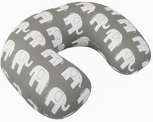 Babymam Feeding Pillow for Baby and Mum – Nursing Cushion with Removable 100% Cotton Cover U-Shaped Breastfeeding Support – Grey Elephant Print