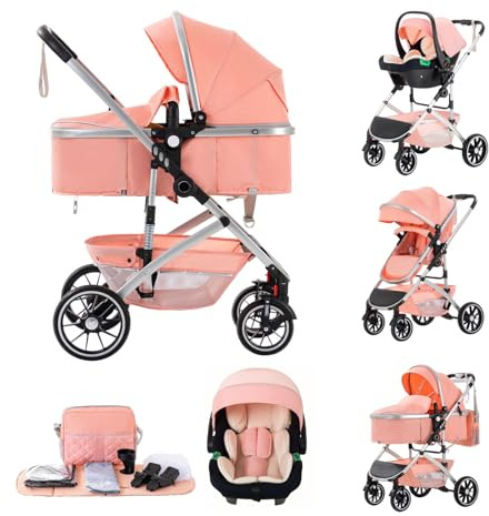 Kakbgee 3-in-1-Kinderwagen, Kombi-Kinderwagen mit Autositz, Buggy mit Einhand-Klappfunktion, mit Moskitonetz, Kinderwagen mit hoher Sitzposition für Neugeborene bis 4 Jahre
