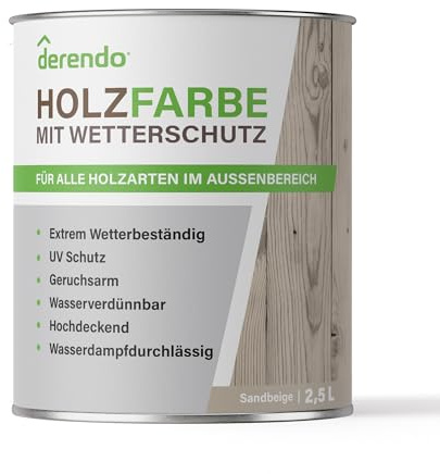 derendo Holzfarbe beige außen wetterfest Wetterschutzfarbe Sandbeige 2,5l | Langzeitschutz, Holzlack Lehmbraun seidenglänzend , Holzschutzlasur hohe Deckkraft, Außenbereich