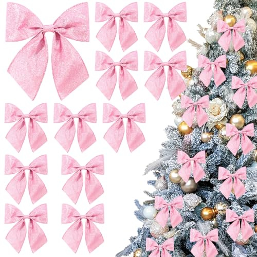 JOLCEEY 12 Stück Rosa Weihnachten Schleifen, Weihnachtsbaum Bogen Schleife, Glitzer Weihnachten Bogen Dekorationen für Weihnachtsbäume, Weihnachtskränze und Festliche Partydekorationen Geschenke Deko