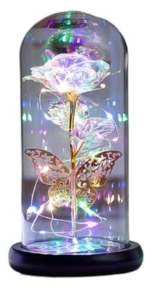 Ymnilian Rose Eternelle, Rose Eternelle sous Cloche Fleur Artificielle Rose éternelle avec Guirlande Lumineuse Papillon en dôme, for décoration de Mariage, noël, Saint-Valentin(Gold)