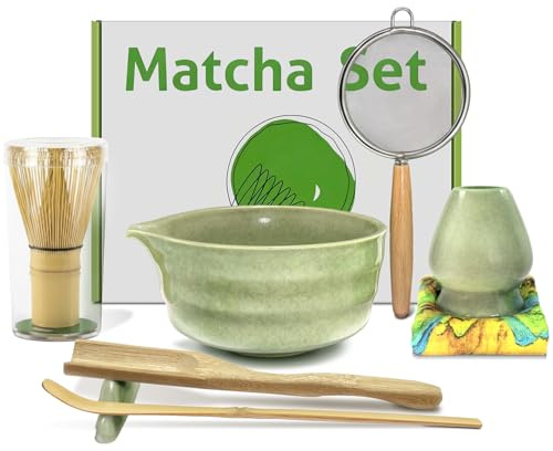 EnGiTores Juego de batidor de matcha, juego de 8 piezas de matcha de cerámica en polvo con boquilla de cuenco/soporte para batidor/batidor de bambú y cuchara/tamiz, juego de té matcha japonés para
