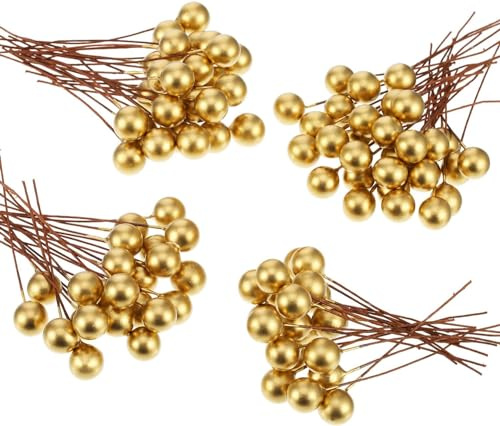 Maimeili 100 PCS Natural Artificial Holly Gold Berries Wire Stems for Christmas Tree Decorations Wreath Craft Use Wedding Party Favor Home Bathroom Table Vase Filler