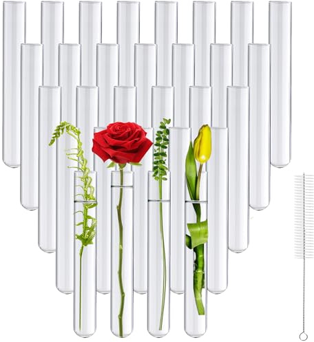 Ferenando 30-Paquete Tubo de Prueba de Vidrio de Borosilicato con Cepillo, 20mm de OD x 150mm de Longitud, Tubos de Ensayo Cristal de Fondo Redondo para Flores, Plantas, Decorativos