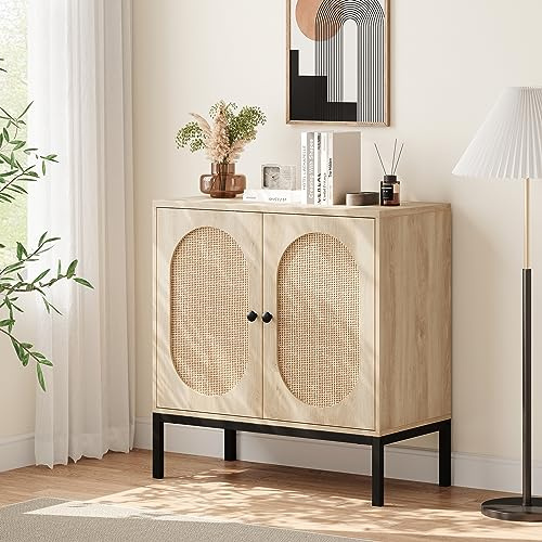 Sideboard, Küchenschrank Mit 2 Türen in Rattan-Optik, Aufbewahrungsschrank, Rattan Badezimmerschrank, Buffet Anrichte Mit Verstellbaren Regalen & Kippsicherung Für Küche, Wohnzimmer, Natürliche Farbe