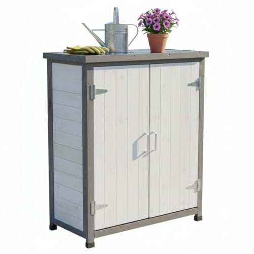 Mucola Geräteschrank Gartenschrank mit Einlegeboden 75x40x90 cm Holz Weiß | Massives Fichtenholz, wetterfest, silberfarbene Beschläge, für Terrasse und Balkon, schützt Gartengeräte vor Regen