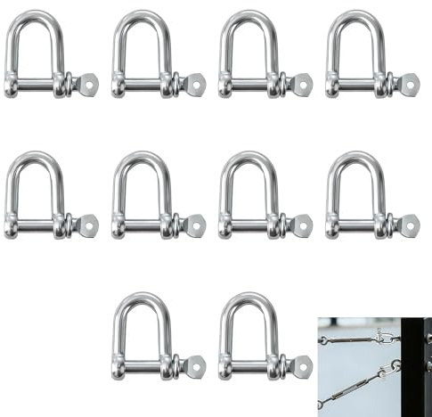 10 Pcs M8 D Shackle, D Ring Shackle, 304 Stainless Steel with Screw Pin Rustproof Marine D Ring Shackles for Ropes, Chains, Lifting, Hiking Secure Fastening for Rigging, Anchor, and Industrial Tasks