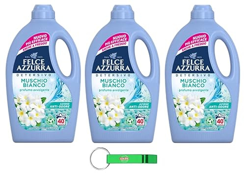 Felce Azzurra, detersivo liquido per lavatrice, 40 lavaggi, muschio bianco, 1,595 l, con portachiavi Beni Culinari in omaggio, 3 pezzi