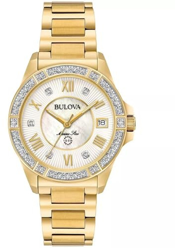 Bulova Ladies' Marine Star Diamond Gold Tone Stainless Steel 3-Hand Quartz Watch, White Mother-of-Pearl Dial and Sapphire Crystal Style: 98R235