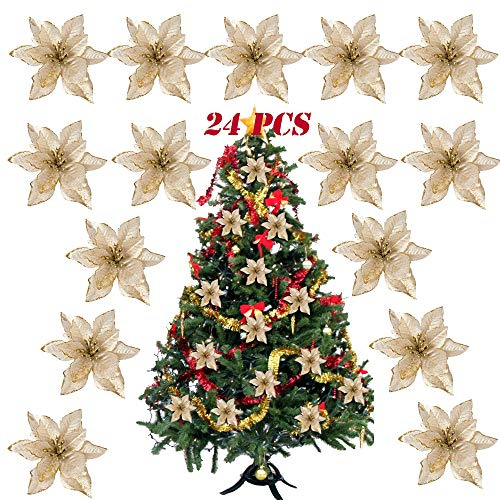SERWOO 24 Stück Weihnachten Weihnachtsblumen Gold Glitzer Kunstblumen Ornamente künstliche Blumen Weihnachtsbaumdeko Weihnachtskränze Dekoration für Weihnachtsbaume Adventskränze