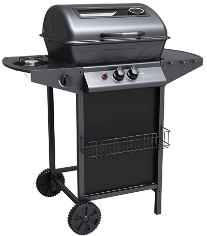 Barbecue a Gas con Pietra Lavica BBQ a Gas 2 Bruciatori + Fornello Laterale Struttura in Acciaio con Piano Laterale D’appoggio e 3 Appendini Pratiko Life