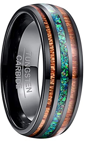 NUNCAD 8mm Bague Femme/Homme avec Coloré Opale et Koa Bois, Bague Noire Tungstène pour Mariage, Fiançailles, Mariage, Mode de Vie et Mode, Taille 57(18.1)