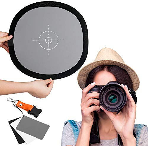 Fotover 2 in 1 Faltbar 12x12 Zoll Weißabgleich und 3 in 1 Graukarte Reflektiert 18% des Lichts Referenzkarte mit Premium Clip Release Umhängeband für Canon Nikon Sony Pentax Fuji Olympus Kamera