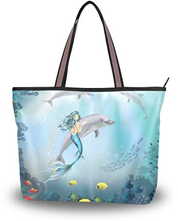 WowPrint Ocean Underwater World Damen Handtasche Meerjungfrau Fisch Gro?e Kapazit?t Schultertasche f¨¹r Schule, Arbeit, Reisen, Einkaufen, Strand