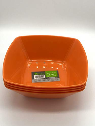 ECO Durable Small Plastic Square Bowls Set of 4 | 16cm x 16cm – Cereal Bowl for Family| Reusable Square Bowls for Parties | BPA-Free Stackable Plastic Serving Bowls (Orange, Small 16x16cm)