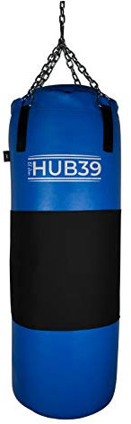 Hub39 Boxsack aus Leder, Vollleder, 50 kg, Sack – Boxsack, Länge: 100 cm, Voll-Boxsack – Boxsack 50 kg (blau, schwarzes Band)