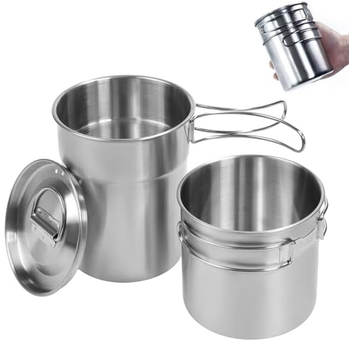 KOKKOYA 2 Piece Set Backpacking Camping Cups Mugs Camping Cooking Pot Cookware Set 304Foodgrade Outdoor Metal Stainless Steel Camp Cups for Boiling Water with Vented Lid Stackable for Hunting