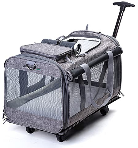 Chariot de transport pour animaux de compagnie pour chiens, chats, sac de voyage 3 en 1 avec roues amovibles, poignée télescopique et fenêtres en maille,animaux jusqu'à 15 kg (gris)