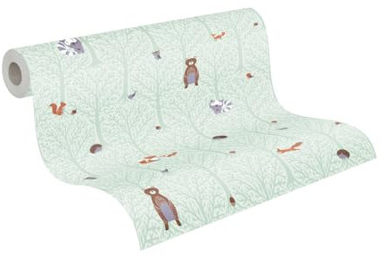 A.S. Création Kinderzimmertapete Little Love Tapete mit niedlichen Wald Tieren PVC-freie Vliestapete grün braun orange grau seidenmatt glatt 381192