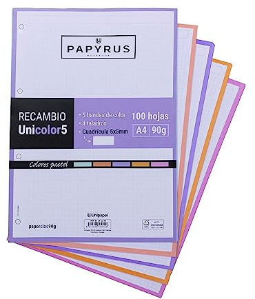 Unipapel - Recambio 100 Hojas A4, Cuadrícula 5x5, 90g, 5 Bandas Colores Pastel en Bordes, Papyrus - Unicolor 5, Perfecto para Archivador de Anillas