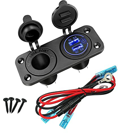JZK 12V/24V Carga rápida 3.0 Cargador Coche Doble Enchufe con Interruptor táctil 12 voltios para Coche, Toma de Encendedor de Cigarrillos, Cargador USB 12V en Coche Barco Marino RV