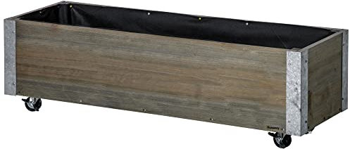 Outsunny Jardinière sur roulettes - jardinière rectangulaire - Inserts d'irrigation, Feutre de Drainage Inclus - métal Bois Massif, Gris