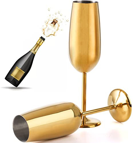 DEAYOU 2 Pack 18/10 Stainless Steel Champagne Glasses, Unbreakable 8 OZ Champagne Flutes with Stem, Gold Metal Wine Goblet Cup for Wedding, Party
