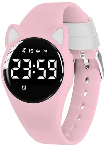 aswan watch digitalklocka, barn, flickor, pojkar, med stegräknare, väckarklocka, stoppur, ljus, datum, sportarmbandsur utan app och mobiltelefon med silikonarmband, 19 rosa kattöron, Rem