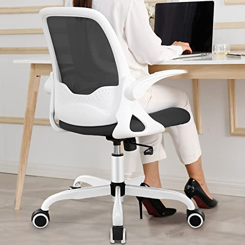 KERDOM Bürostuhl, Ergonomischer Schreibtischstuhl mit klappbarer Armlehnen, Mesh Computerstuhl Arbeitsstuhl Leichter Stuhl, 360° Drehstuhl 933C Weiß