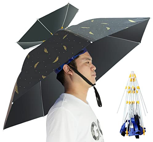 NEW-Vi Umbrella Hat Folding Adjustable Sun Rain Cap, 37.4” UPF 50+ UV Protection Large Hands Free Umbrellas, 7-Ribs Waterproof Headwear for Fishing Gardening Golf Sunshade Outdoor- Plume/Black