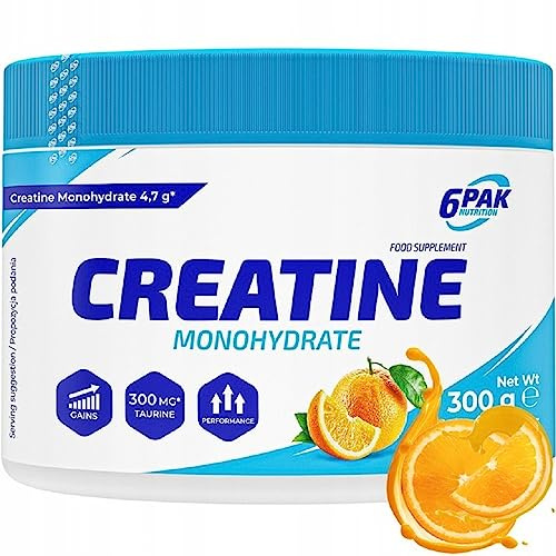 6PAK Nutrition - Creatine Monohydrate - Muskelmasse - Regeneration nach dem Training - Nahrungsergänzungsmittel - 300g Pulver - Geschmack: (Orange)