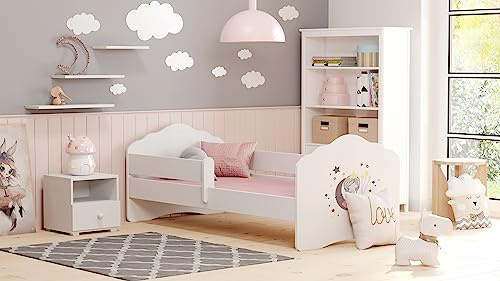KOBI Fala Kinderbett mit Rausfallschutz | 140 x 70 cm | Kinderbetten mit Matratze Komplett Set | Einzelbett Kinder Bett | Mädchen Junge | Modern Weiss Kids Bed Children | Kinderzimmer Schlafzimmer