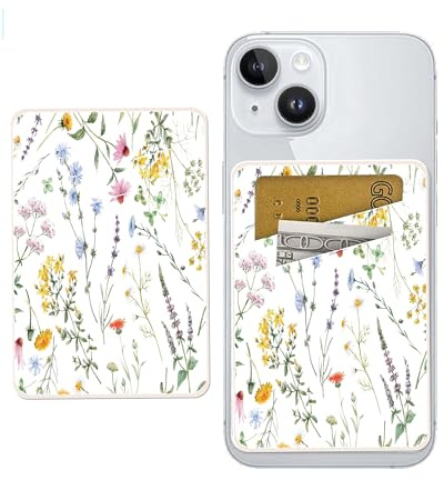 ADBOR Leather Phone Card Holder, Dual Pocket Phone Wallet Stick On, Cute Card Holder, Credit Card Holder Boho Flowers Leaf