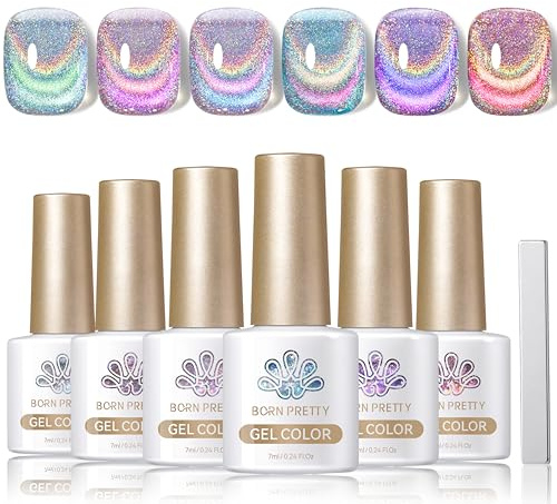 BORN PRETTY Magnetic Gel Nail Polish Set 6 Colors Rainbow Iridescent Gel Polish Cat Magnet Eye Sparkle Nail Polish Varnish U V/LED Nail Art Nail Salon Manicure