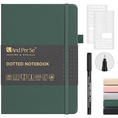 &And Per Se Bullet Dotted Journal Notizbuch, A5, Leder, Hardcover, 176 nummerierte Seiten, 100 g/m² dickes, gepunktetes Papier, 2 Bögen Schablonen enthalten, 14 x 20 cm, Grün