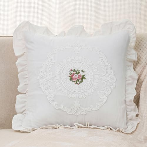 Huierxun Housse de coussin brodée en dentelle de coton de style bohème neutre pour canapé, lit, salon, décoration d'intérieur (crème, 45,7 x 45,7 cm)