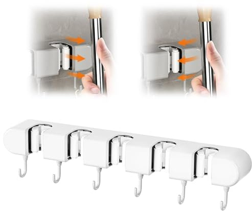 GmwyCzV Besenhalterung Wand Selbstklebend, Selbstklebender Gerätehalter | mit 5 Halter und 6 Haken, Besenhalter Wand Ohne Bohren, Gartengerätehalter Organizer für Zuhause, Küche, Garage, Garten, Weiß