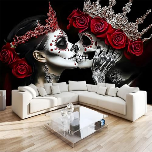 Skull Tattoo Girl with Red Roses Wall Mural, Black Premium Non-Woven Photo Wallpaper for Home Office & Bedroom Alcove Decor - 200 x 140 cm