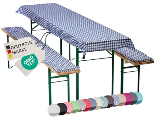 NYVI Bierbankauflagen Set NYVIGala 130x70 cm Blau Kariert - 1x Tischdecke für 110x50 cm Biertische & 2X Gepolsterte Auflage für 110x25 cm Bierbänke - Sitzauflage für Bierzeltgarnitur
