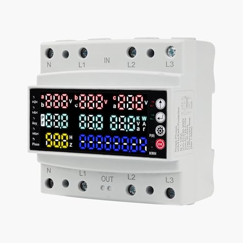 Stromzähler 3 phasen mit überspannungsschutz Drehstromzähler Surge Protector mit Dreiphasiger Spannungs und Stromunsymmetrieschutz/Überspannung/Unterstrom/Leerlaufschutz AC 230V 100A.