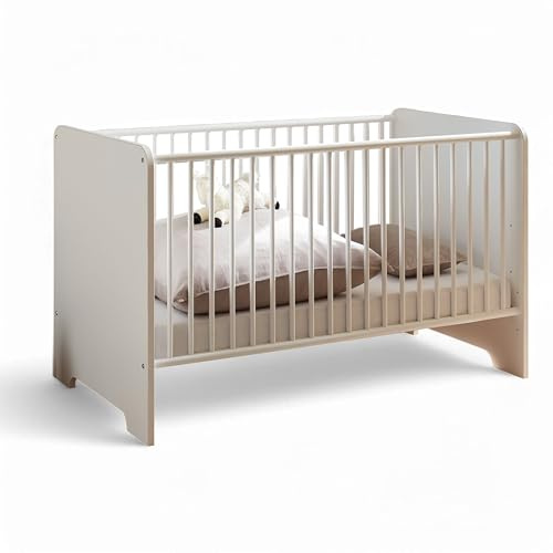 SPICE Babybett Bett Gitterbett Weiß Hochglanz 78 x 87 x 143 cm (B/H/T) | Funktionales Babyzimmer Gitter mit 3 Schlupfsprossen, umbaubar zum Kinderbett, moderne Griffmulden, Bett für Baby