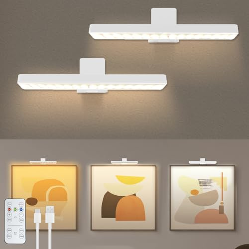 VIGMOJ 2-Pack Bild Licht Batteriebetrieben mit Fernbedienung, LED Malerei Licht für Kunst 3 Beleuchtungsfarben Dimmbar, Akzentlicht an Wand für Bilder, Dartboard, Fotorahmen, Portrait