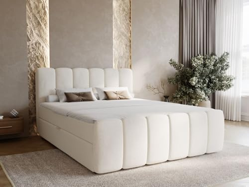 GRAINGOLD Cloud Bett 180x200, Boxspringbett mit Bettkasten, Polsterbett mit Bonell-Matratze, Samt Stoff, mit Topper, mit Kopfteil (Beige, 180x200)