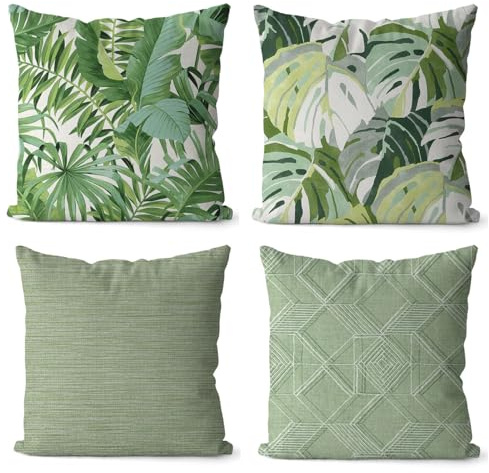 Auriselle Juego 4 Cojines Lino 45 x 45 cm, Funda de cojín sofá Decorativo Moderno, Hoja Vegetal, Estampado Floral botánico, sofá, salón, Dormitorio, Cremallera Invisible, Verde