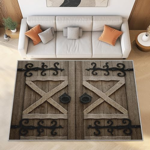 Scheunentor Aus Holz Fußmatte Innen 60x90cm, Vintage Bauernhaus Garagentor Waschbar Eingangsteppich, Rutschfest, Rustikale Kurzflor Teppiche Klein Türmatte für Innen Eingang, Flur, Küche, Schlafzimmer