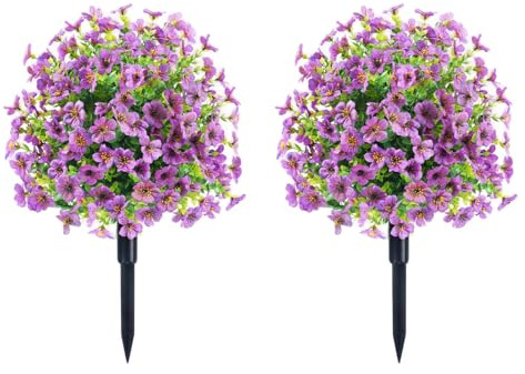 PortoAlegre Albero di bosso artificiale con picchetto, set di 2 decorazioni da giardino artificiali, fiori viola, 60 cm, resistente ai raggi UV, piante con picchetto per esterni, veranda anteriore