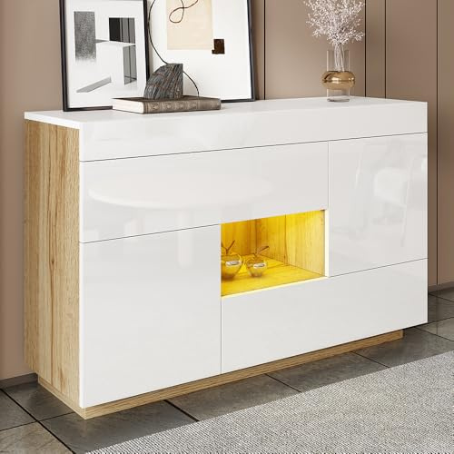 PUGSDRLY Commode à tiroirs Brillant avec 2 tiroirs, vitrine avec éclairage LED à Changement de Couleur(120 * 76,5 * 37cm)