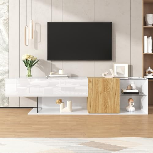 FammyLoft 180cm Hochglanz TV Lowboard mit 2 Türen, Stilvoller TV Schrank mit Holzoptik und Glasregalen, Fernseher Schrank mit Praktischer Aufbewahrung für Wohnzimmer, TV-Board, Weiß + Holz