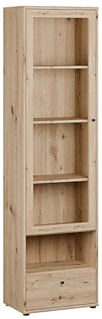 Forte TEMPRA2 Vitrine 50 60, Moderne Standvitrine mit Glastür, Schublade und offenem Fach, Holzwerkstoff, Artisan Eiche Holzdekor, 54 cm breit x 197,5 cm hoch x 34,8 cm tief